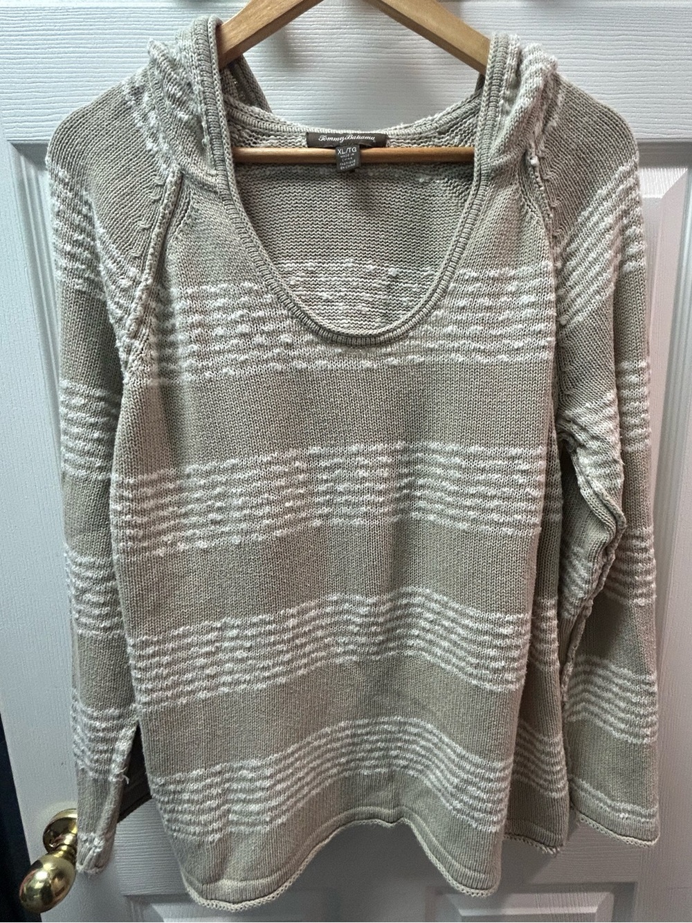 Tommy Bahama Taupe & Cream Striped Scoop Neck Sweater. XL